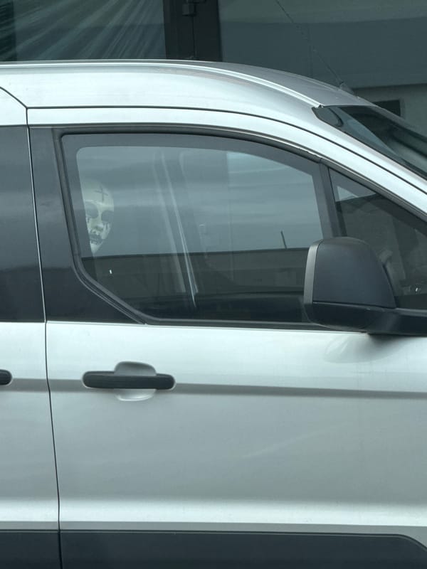 Skull mask spotted through a parked van window in Gdańsk