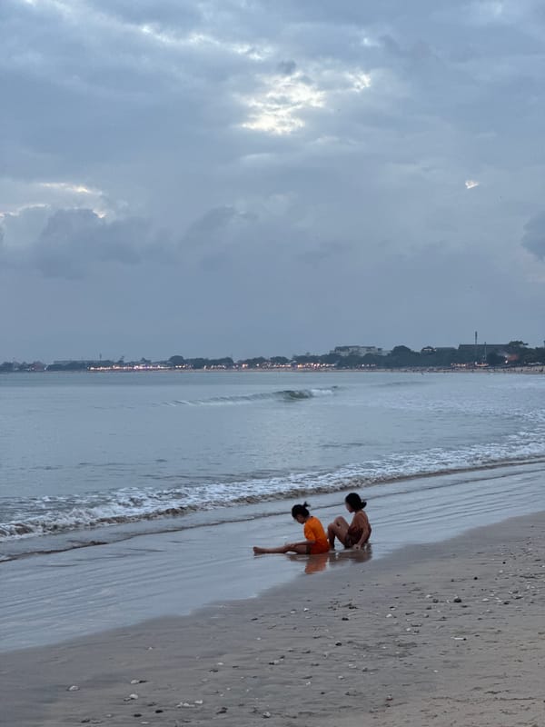 Overcast skies and shoreline scenes at Kuta Selatan beach.