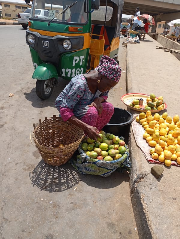 Elderly woman sorts mangoes curbside in Jos, Nigeria