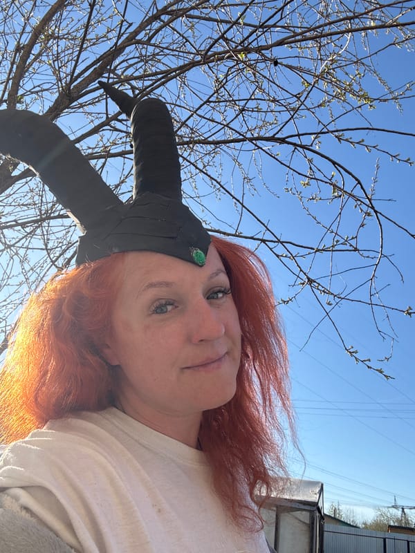 Woman in horned headdress photographed in Chaikovsky, Russia