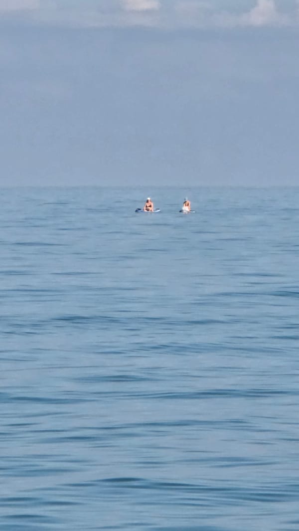 Batumi beach scene: paddleboarding, loungers, and hillside architecture