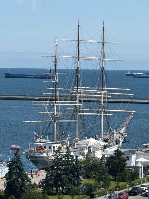 Gdynia's waterfront: tall ship, busy promenade, street works