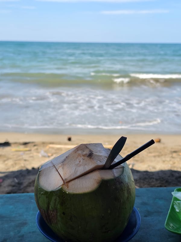 Beach day in Lhokseumawe: coconuts, waves, and a photocard moment