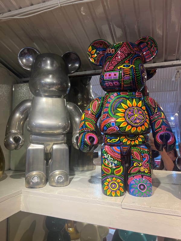 Colorful sculpture gallery mixes street art, pop culture, and luxury motifs