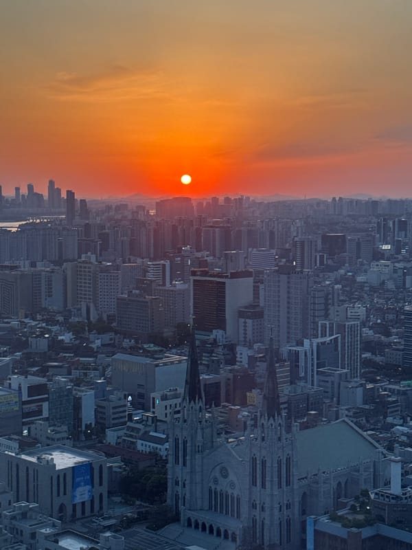 Sunset documented over Seoul skyline from aerial perspectives