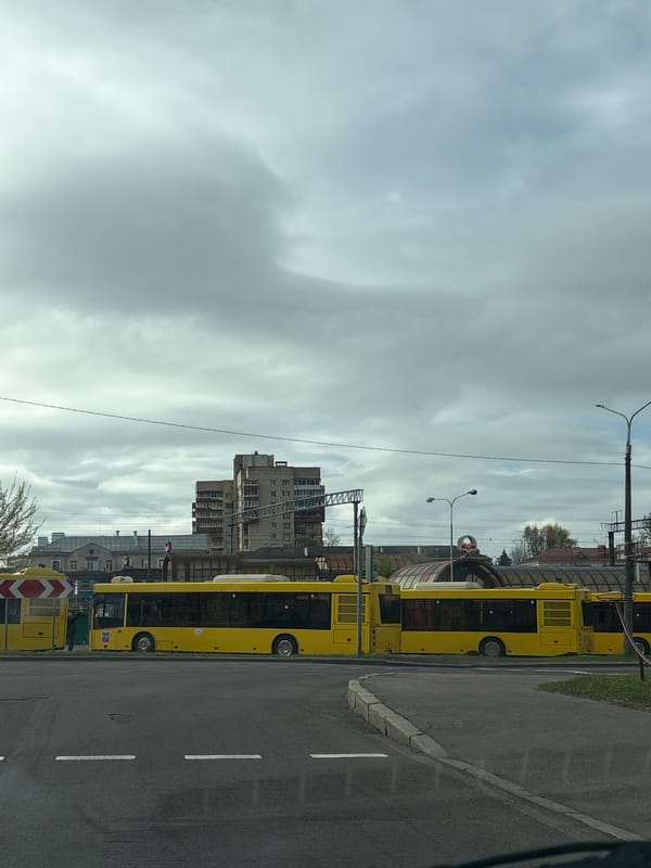 Morning street scene captured with woman in car, buses in Minsk