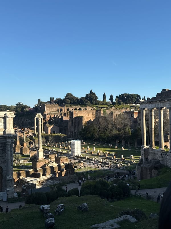 Woman rests near blooming wisteria at Roman Forum