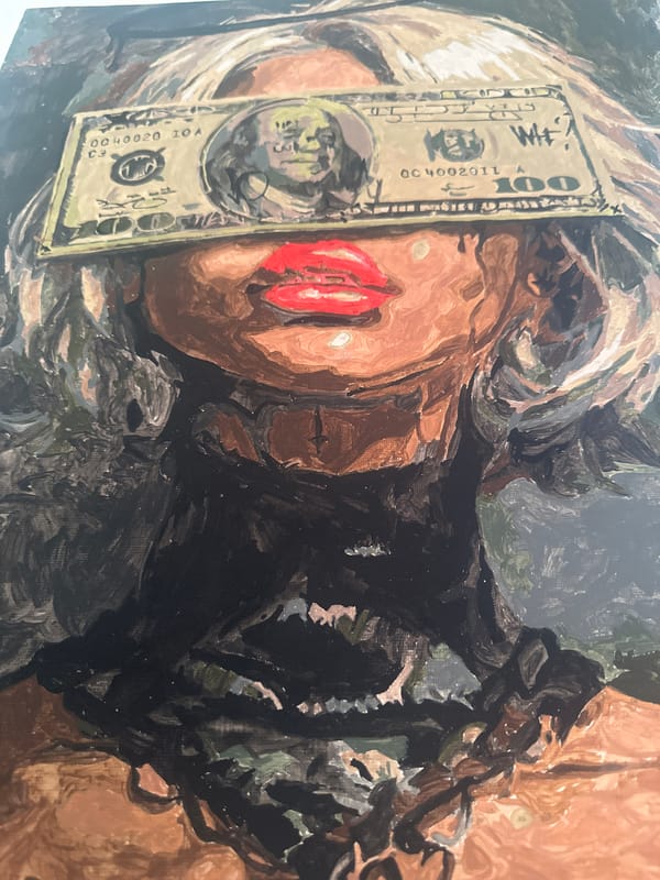 Art collection featuring dollar bills and bound figures documented in Russia