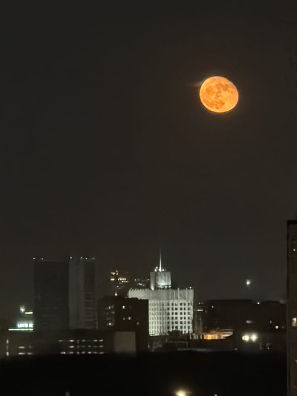 Orange full moon rises over Khimki cityscape Saturday night