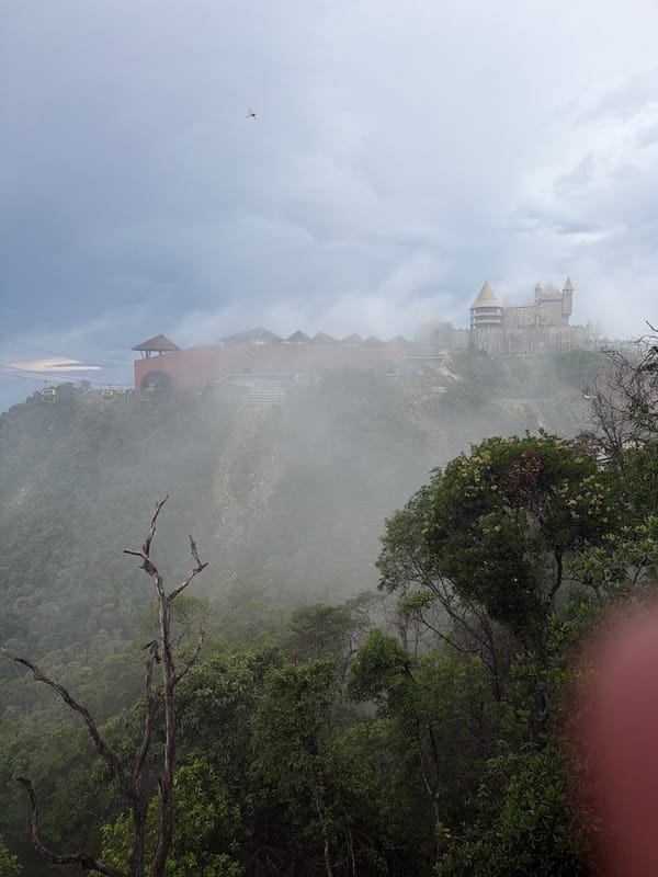 Foggy castle view documented at Ba Na Hills, Vietnam