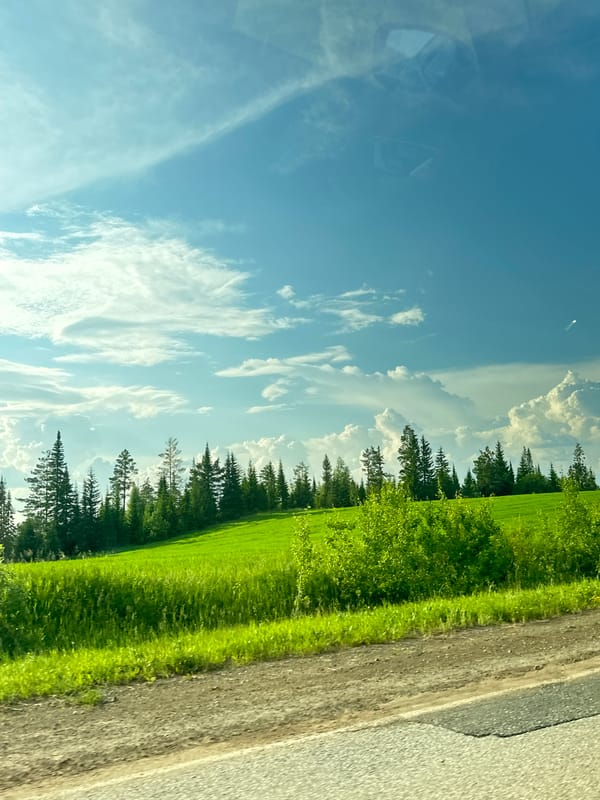 Rural road through Buranovo countryside under partly cloudy skies