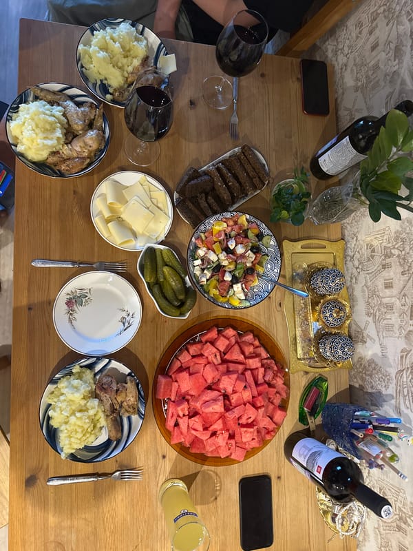 Spread table with food and drinks in Vladimir, Russia