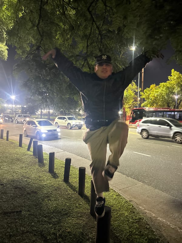 Blue-haired skateboarder rides concrete slopes at Buenos Aires skatepark