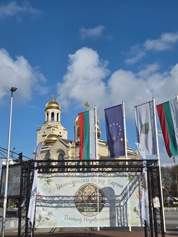 Cathedral observed with flags and promotional materials in Varna