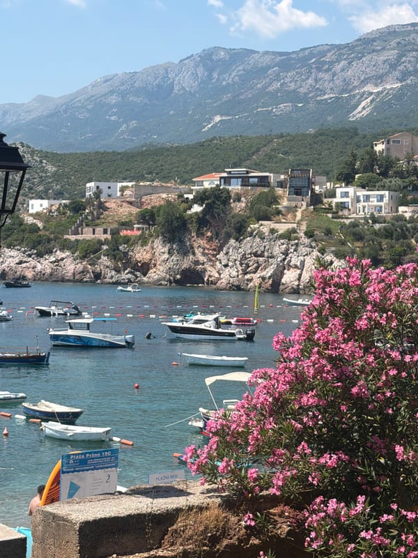 Busy summer afternoon at Pržno's beach and bay