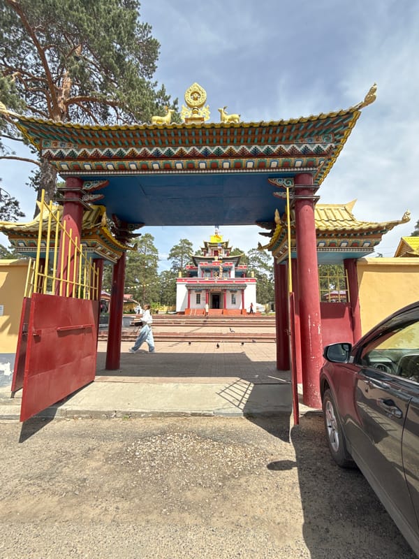 Ornate pagoda with golden tiers observed in pine-framed setting