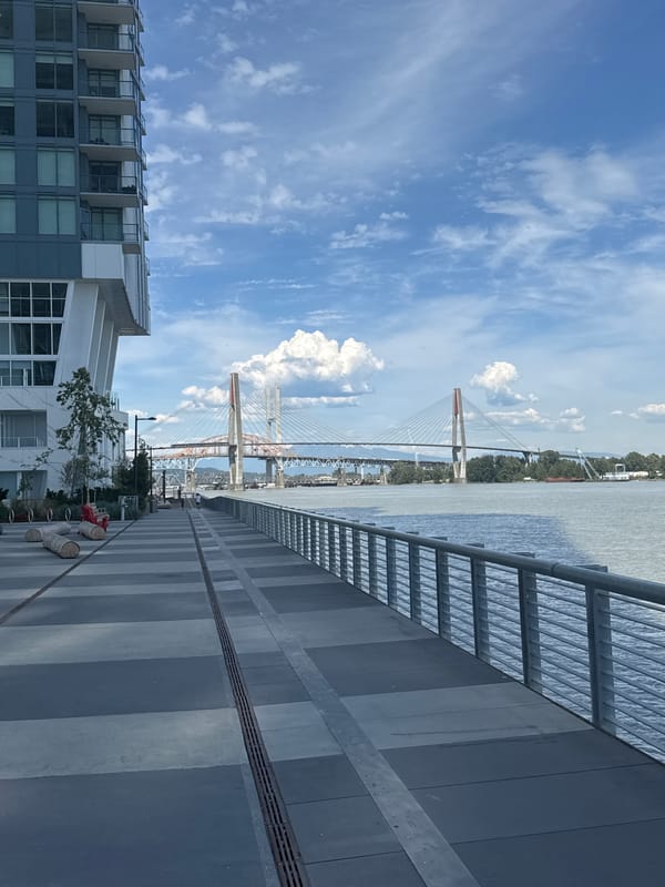 Downtown New Westminster waterfront and civic core, early evening