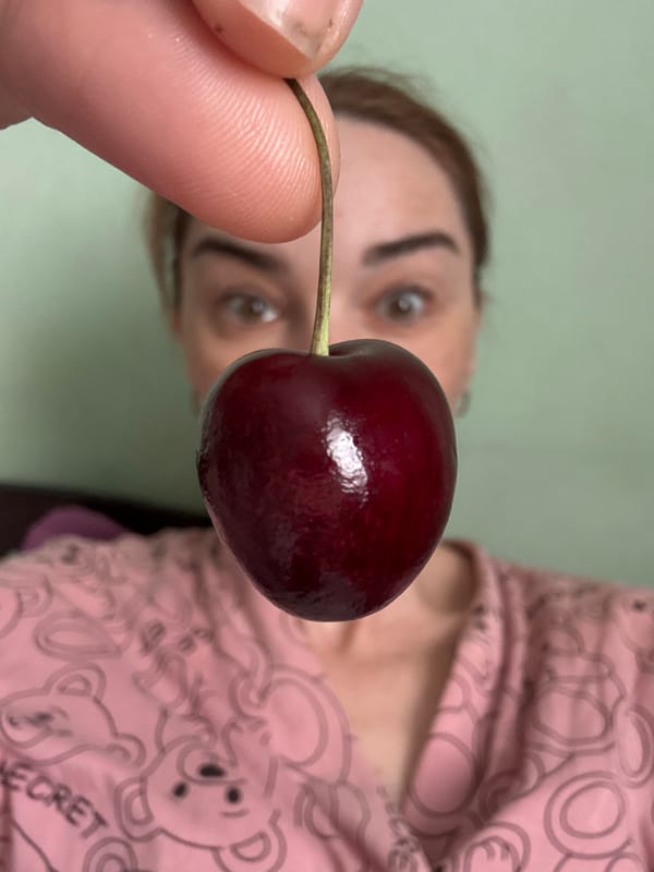 A ripe cherry held up close, stem and all.