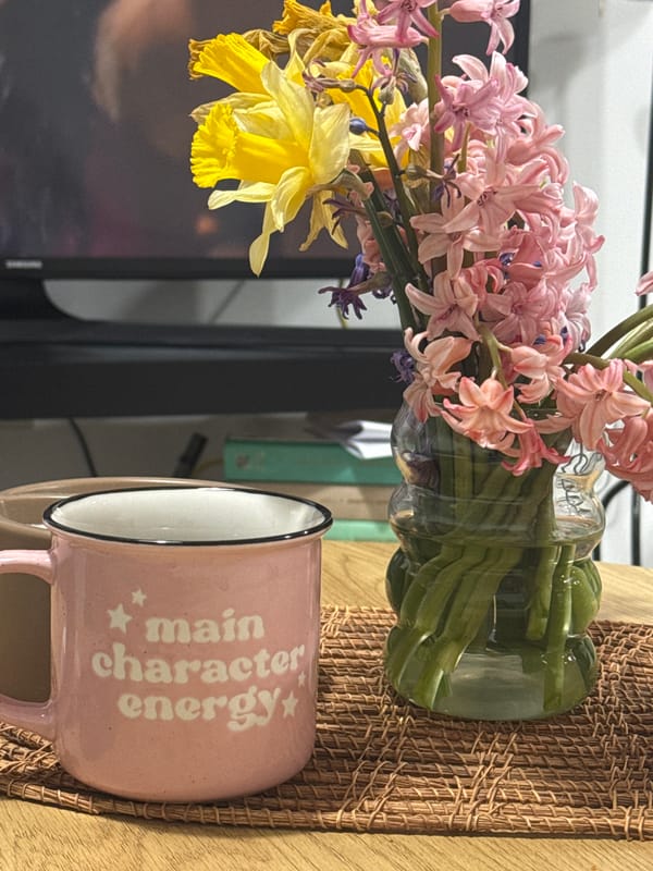 Cozy home moments with flowers and sleeping dog