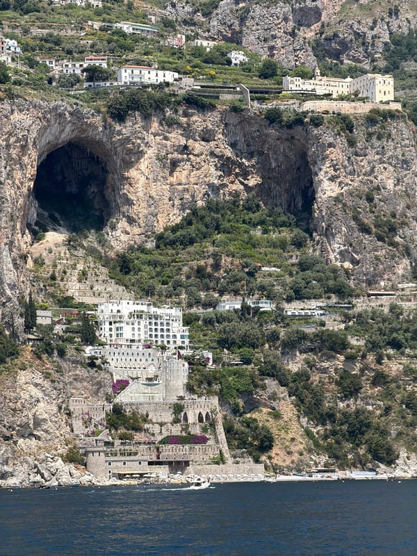 Coastal views captured of clifftop buildings in Conca dei Marini