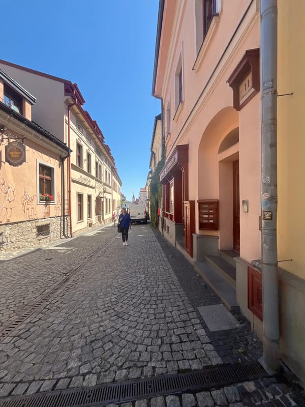 Sunny morning stroll through a European town's streets and gardens