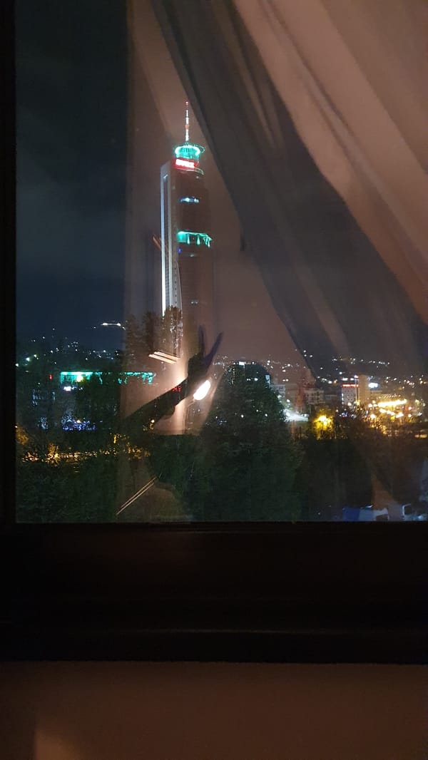 Colorful lights illuminate building in nighttime Sarajevo