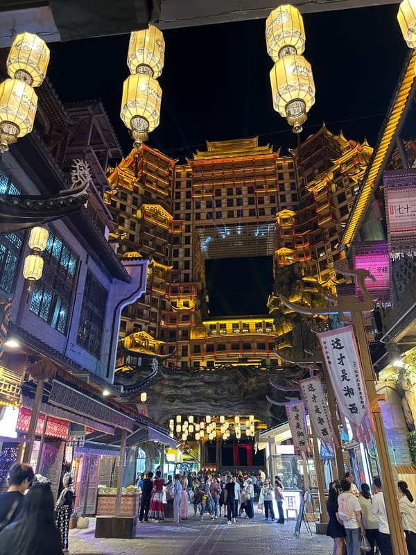 Traditional illuminated street scene captured in Zhangjiajie, China