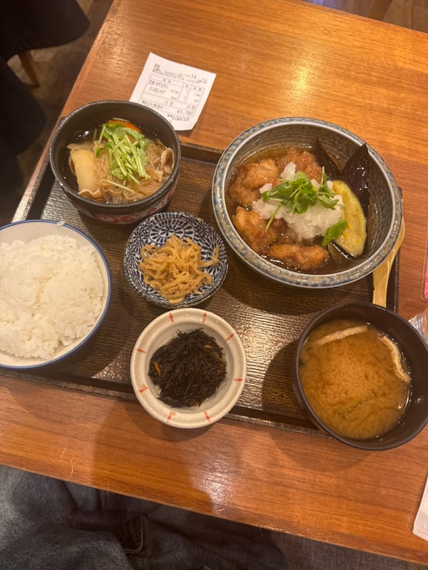 Traditional Japanese meal documented in Shibuya early morning