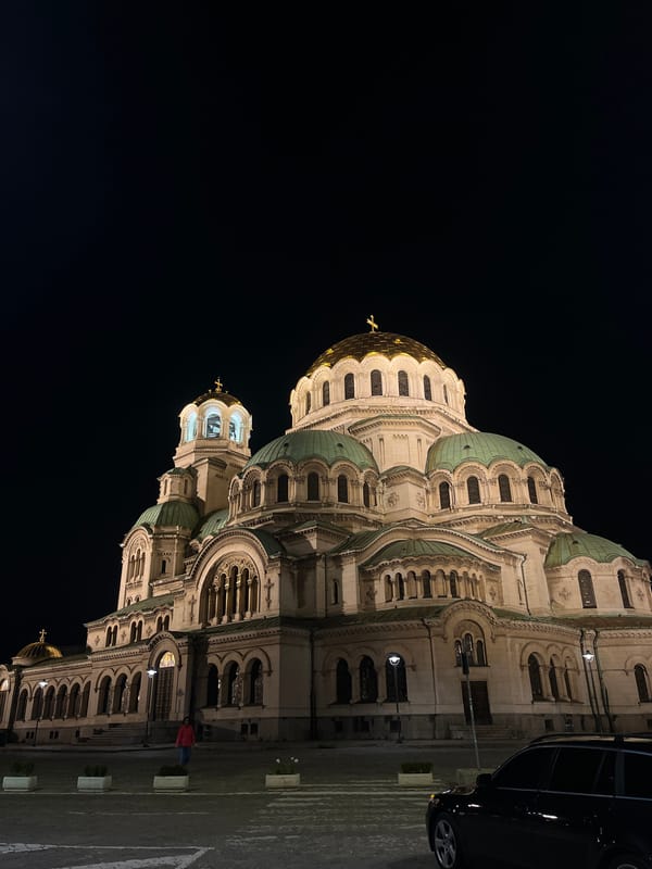 Nighttime documentation of illuminated Alexander Nevsky Cathedral in Sofia