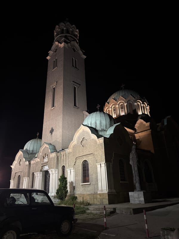 Veliko Tarnovo's fortress and church glowing after dark