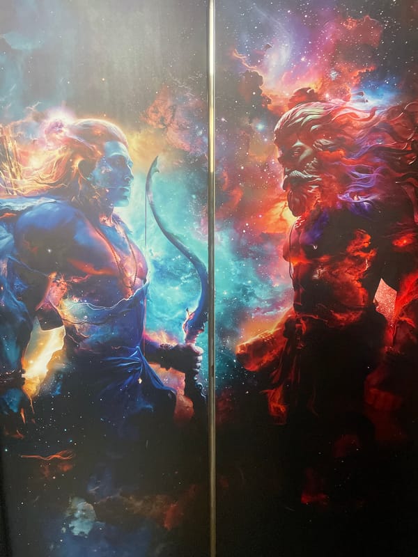 Celestial artwork with fiery figure observed in deep space setting