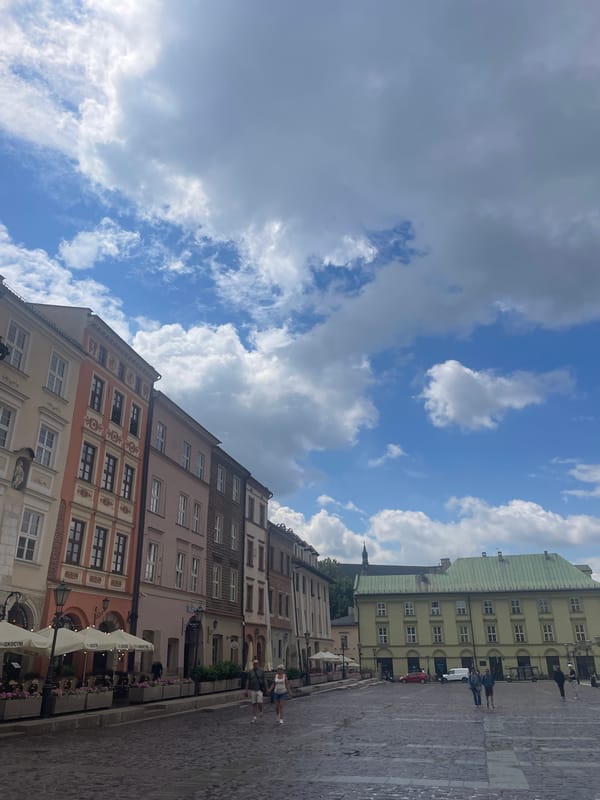 Krakow's Old Town cobblestones and market square on a grey morning