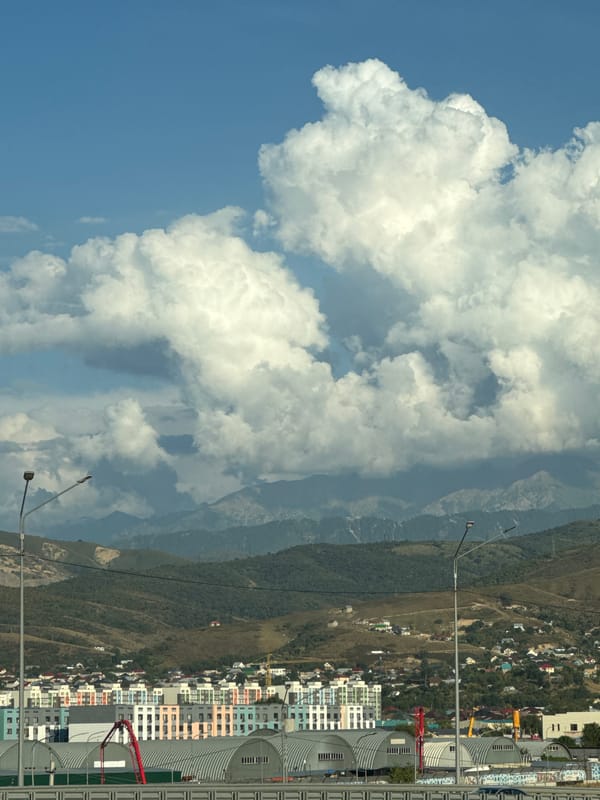Almaty residential sprawl backed by mountains on a cloudy day