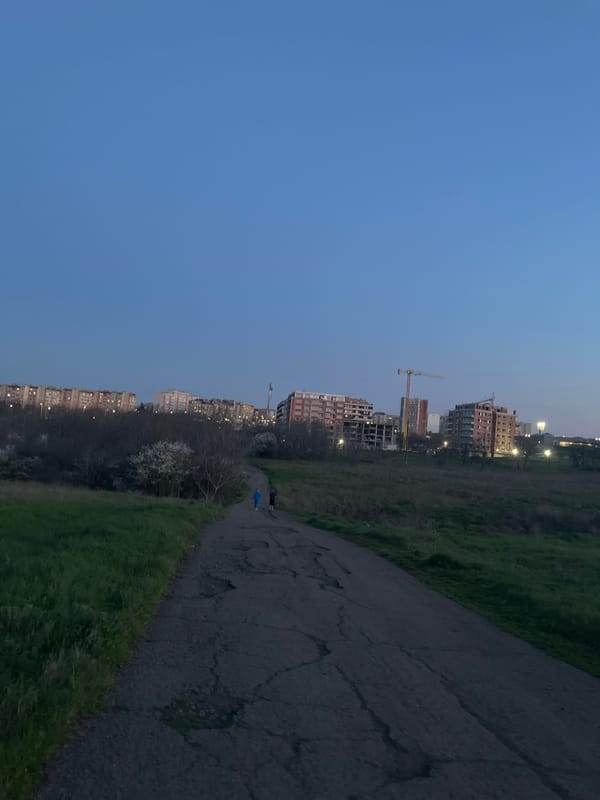 Evening walkway scene captured in Burgas, Bulgaria at dusk