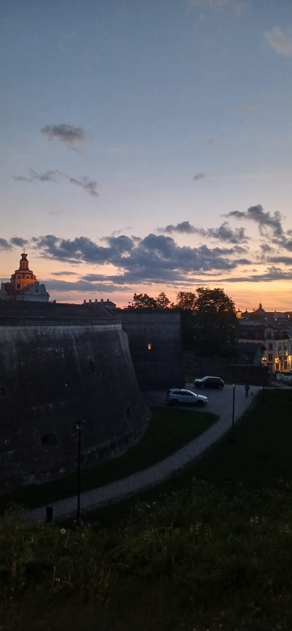 Twilight sky observed over Vilnius historic district