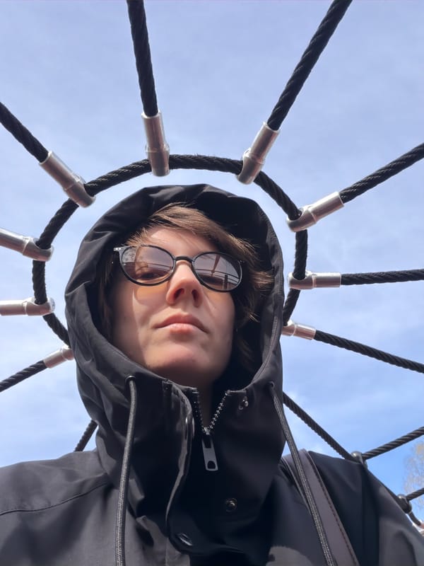 Person photographed in rope climbing structure in Vyborg