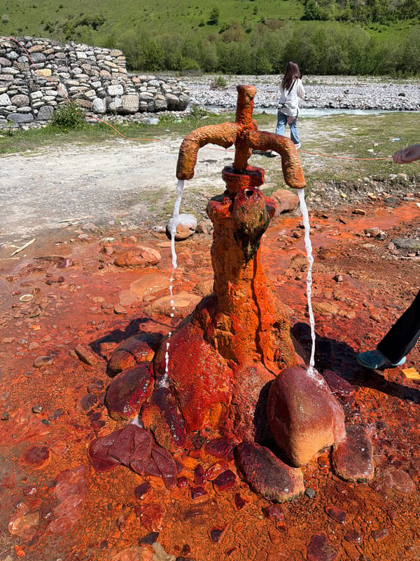Iron-rich mineral spring flows in Naghvarevi, Georgia