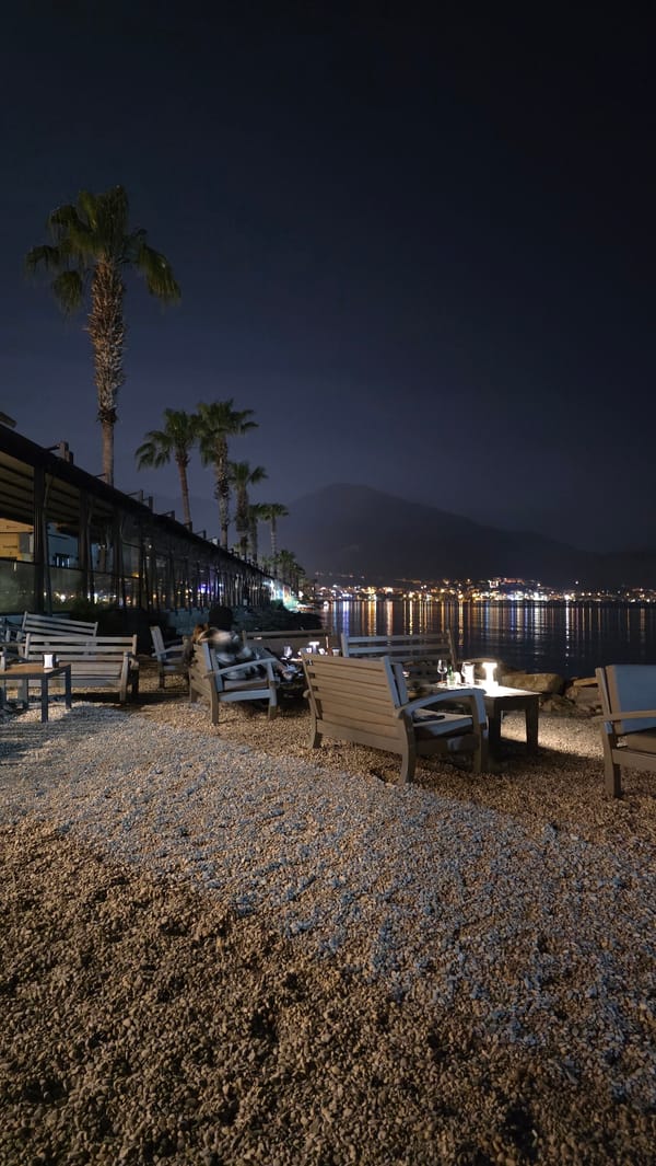 Serene nighttime waterfront scenes captured in Fethiye, Turkey