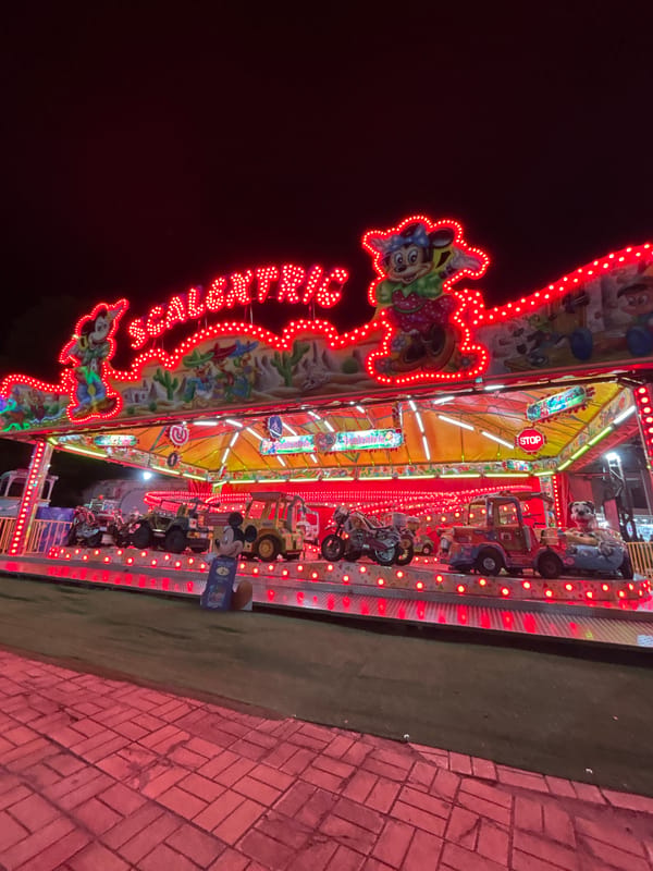 Evening at a Mickey Mouse-themed amusement park with multiple rides