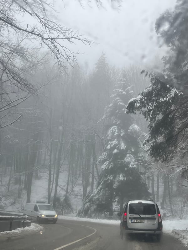 Van navigates snowy, foggy road in Bulgarian countryside