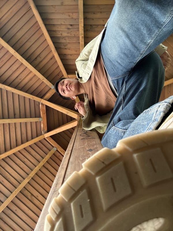 Man photographed from below in Moscow wooden pavilion structure