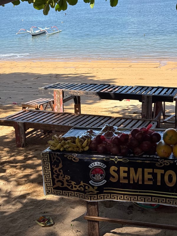 Morning scenes captured in Denpasar: cycling families, fruit vendors
