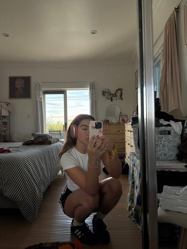 Woman Takes Mirror Selfie in Los Angeles Bedroom
