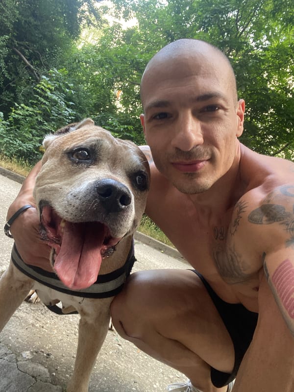 Tattooed afternoon in a Pleven park with a dog
