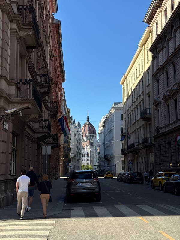 Afternoon street activity documented near Hungarian Parliament Building