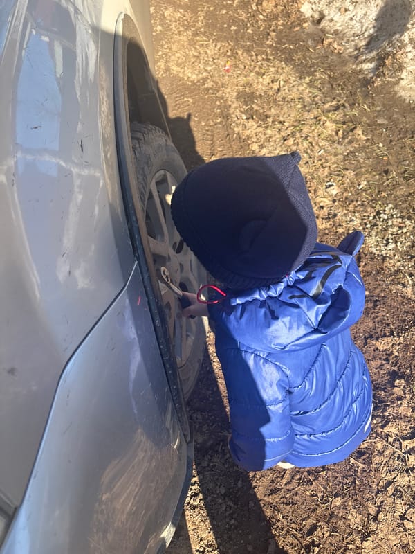 Family morning activities captured in rural Russia during spring