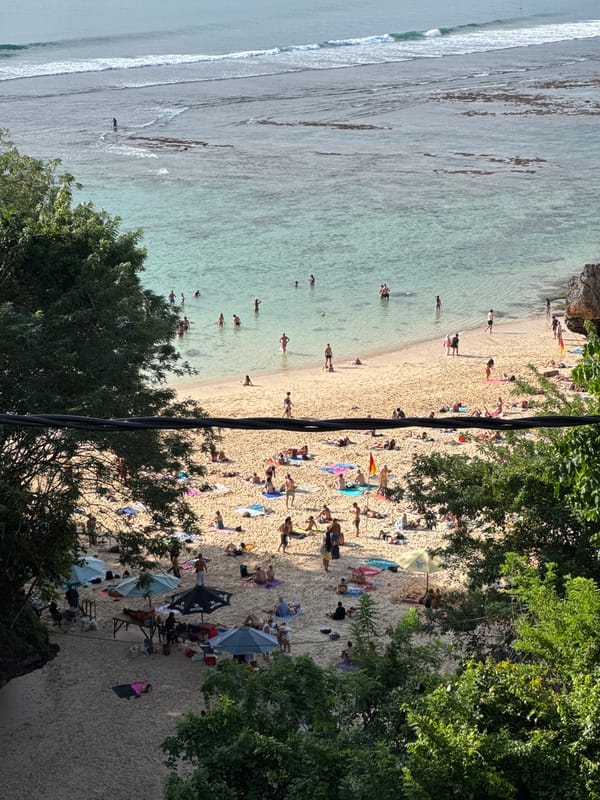 Morning beach crowds and street life observed in Kuta Selatan
