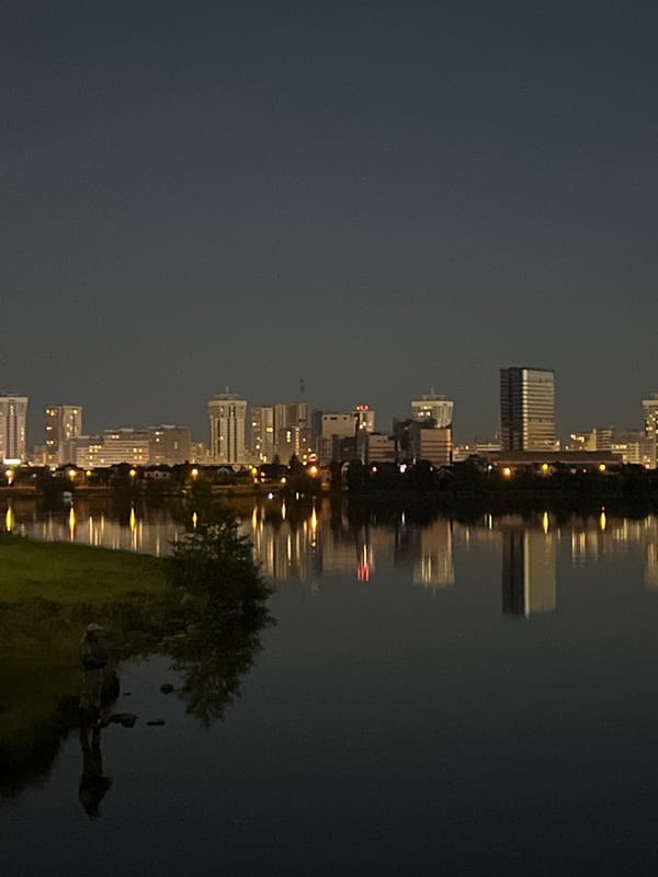 Minsk skyline at night, Svislach riverbank, summer evening