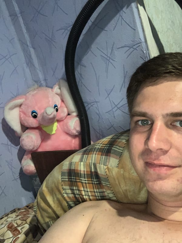 Late-night selfie session on a plaid pillow with a pink elephant