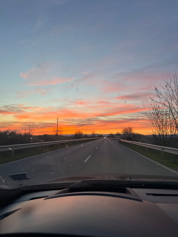 Sunset observed from vehicle on road near Sarnevo, Bulgaria